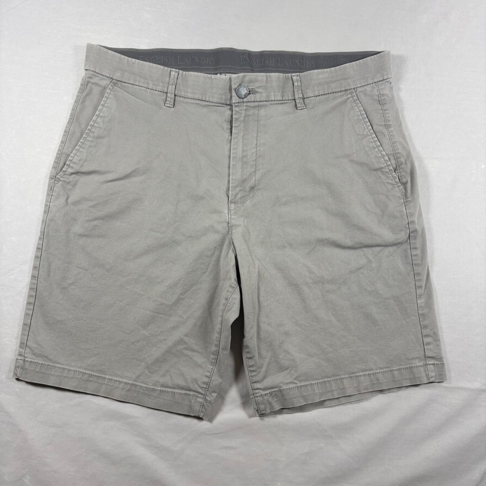 English Laundry Men Gray Flat Front Chino Shorts 34 Micro Texture Stretch Cotton